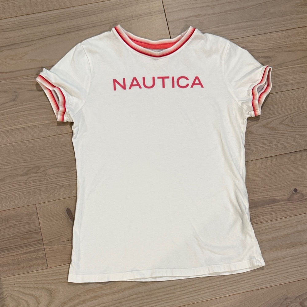 Nautica White T-Shirt with red and Orange Trim